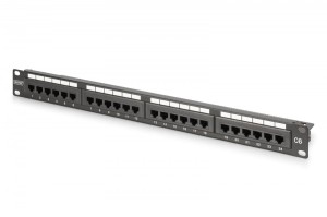 Digitus Panel krosowy (patch panel) 19'' 24x RJ45, LSA pion, kat.6, nieekranowany, 1U, prowadnica kabli, pola opisowe, Czarny