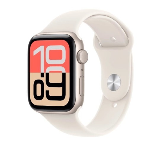 Apple Watch SE 3 GPS koperta 44 mm z aluminium w kolorze księżycowej poświaty, pasek sportowy w kolorze księżycowej poświaty - rozmiar M/L