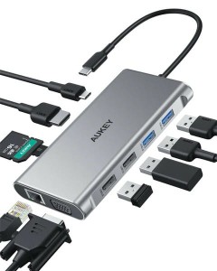 AUKEY CB-C89 aluminiowy Hub USB-C | 10w1 | RJ45 Ethernet 10/100/1000Mbps | 4xUSB | HDMI 4k@30Hz | SD i microSD | USB-C Power Delivery 100W