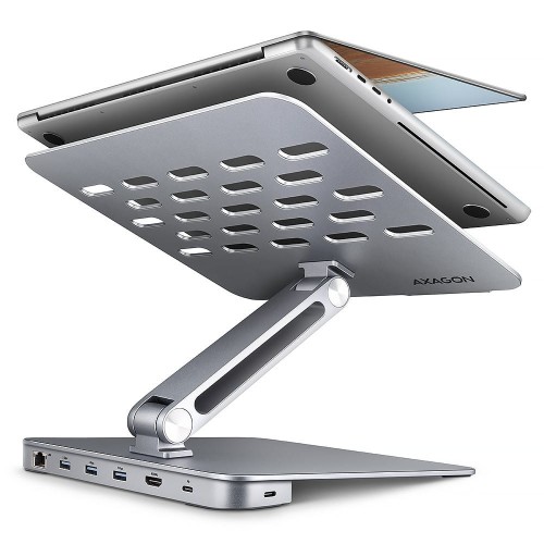 AXAGON HMC-STND Stojak z wieloportowy hub Aluminiowy 7in1, 5Gbps, do 10"-16" cali laptopów, nastawny, 3x USB-A, HDMI 4K/60Hz, GLAN, PD 100W, 60cm USB-