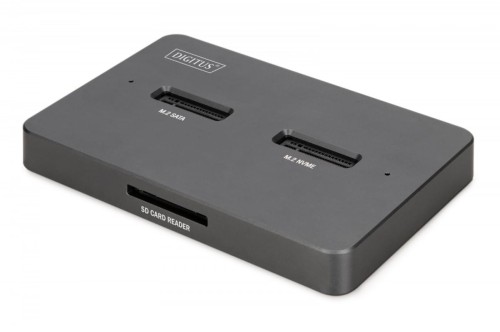 Digitus Stacja dokująca USB-C 3.2 Gen2 dla dysków SSD M.2 Duo NVMe oraz SATA (max. 2x 4 TB) z czytnikiem kart SD-Express 7.1 (max. 2 TB), czarna