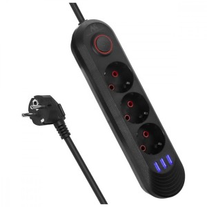 Maclean Listwa zasilająca MCE394 B, 1,5m|3 gniazda + 3xUSB. 110-240V AC 50/60Hz, 2.1A max 2500W, czarna