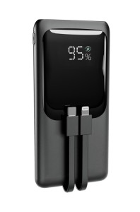 Gembird PowerBank 10000mAh ze zintegrowanymi kablami, LCD, QC3.0 20W, czarny