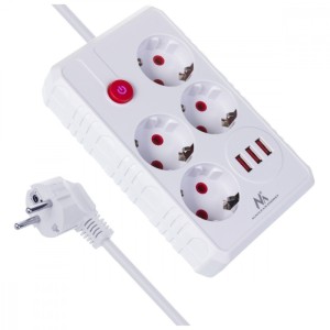 Maclean Listwa zasilająca MCE393 W 4 gniazdka, 3xUSB, 110-240V AC 50/60Hz. 2.1A max 2500W, 3m biała