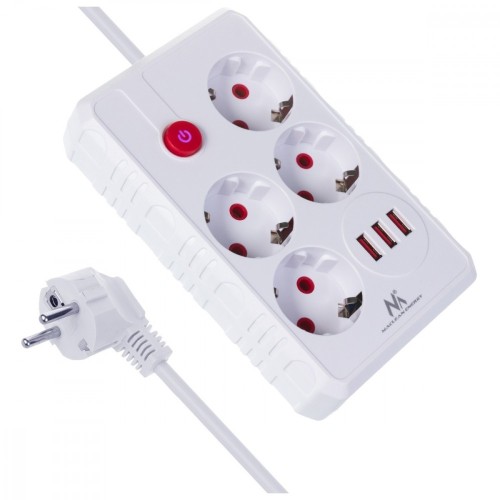 Maclean Listwa zasilająca MCE393 W 4 gniazdka, 3xUSB, 110-240V AC 50/60Hz. 2.1A max 2500W, 3m biała