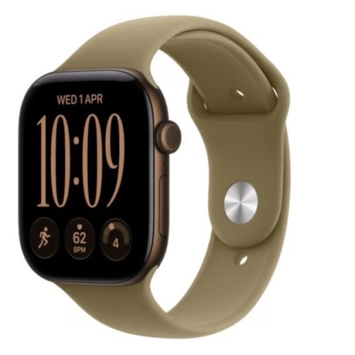 Apple Watch seria 12 GPS, koperta 46 mm z aluminium w kolorze ciemnego brązu, pasek sportowy w kolorze oliwki - rozmiar M/L
