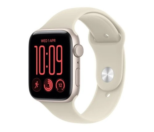 Apple Smartwatch Watch SE 3 GPS, koperta 44mm z aluminium w kolorze księżycowej poświaty, pasek sportowy w kolorze piaskowym - rozmiar M/L