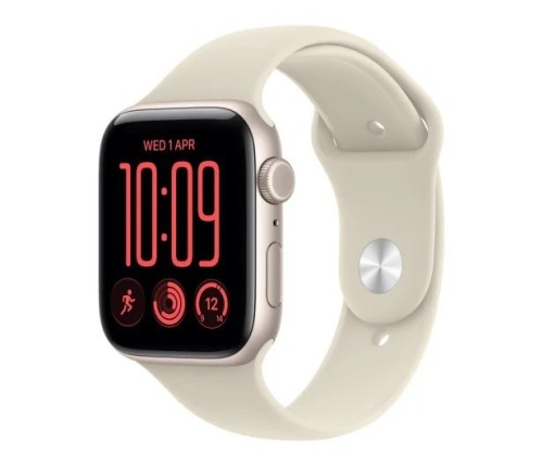 Apple Smartwatch Watch SE 3 GPS + Cellular, koperta 44mm z aluminium w kolorze księżycowej poświaty, pasek sportowy w kolorze piaskowym - rozmiar M/L