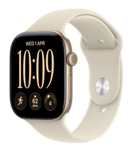 Apple Watch seria 12 GPS+Cellular, koperta 42 mm z aluminium w kolorze jasnego złota, pasek sportowy w kolorze piasku - rozmiar M/L