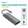 Digitus Stacja dokująca USB-C 8-portowa, HDMI 4K/60Hz, 2x USB-A + 1x USB-C 3.2 Gen1, 3x USB-A 2.0, Power Delivery 100W, DP 1.4 Alt Mode, kabel 18cm