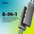 Digitus Stacja dokująca USB-C 8-portowa, HDMI 4K/60Hz, 2x USB-A + 1x USB-C 3.2 Gen1, 3x USB-A 2.0, Power Delivery 100W, DP 1.4 Alt Mode, kabel 18cm