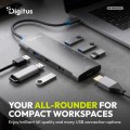 Digitus Stacja dokująca USB-C 8-portowa, HDMI 4K/60Hz, 2x USB-A + 1x USB-C 3.2 Gen1, 3x USB-A 2.0, Power Delivery 100W, DP 1.4 Alt Mode, kabel 18cm
