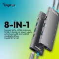 Digitus Stacja dokująca USB-C 8-portowa, HDMI 4K/60Hz, 4x USB-A + 1x USB-C 3.2 Gen1, RJ45 Gigabit, Power Delivery 100W, DP 1.4 Alt Mode, kabel 18cm