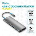 Digitus Stacja dokująca USB-C 9-portowa, 2x HDMI 4K/60Hz, 4x USB-A + 1x USB-C 3.2 Gen1, RJ45 Gigabit, Power Delivery 100W, MST/SST, kabel 18cm