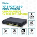 Digitus Przełącznik sieciowy niezarządzalny PoE+ 10" 8x RJ45 2.5G, 1x SFP+ 10G, 60Gbps, budżet 80W, 802.3af/at, metalowy, bez wentylatora, Plug&Play